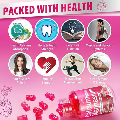 Calcium Magnesium Zinc Gummies for Kids Adults,High Absorption Magnesium Glycinate 300mg with Vitamin D3,B6,B12 for Bone,Muscles,Calm Mood,Sleep Support,Sugar-Free,Vegan,Raspberry Flavor,90 Counts