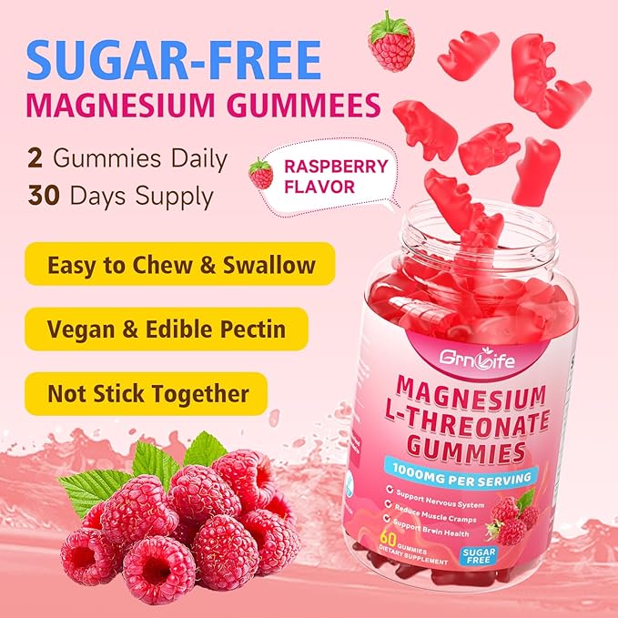 Magnesium L-Threonate Gummies 1000MG, Magnesium Threonate Supplement for Kids & Adults, Muscle & Nervous System Support, Sugar-Free, Raspberry Flavor, 60 Count