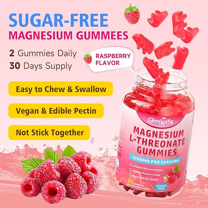 Magnesium L-Threonate Gummies 1000MG, Magnesium Threonate Supplement for Kids & Adults, Muscle & Nervous System Support, Sugar-Free, Raspberry Flavor, 60 Count