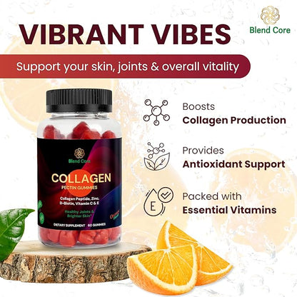 Collagen Gummies for Women & Men with D-Biotin, Vitamin C, E & Zinc - Gluten Free Collagen Peptides, Orange Flavor - Support Skin, Hair & Nail Health - 60 Gummies