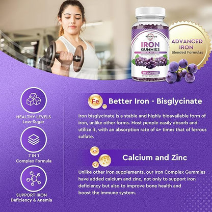 Iron Gummies - with Calcium, Zinc, Folate & Vitamin B12, C, B6 for Adults & Kids - Blood Builder & Energy Support for Iron Deficiency, Anemia, Vegan - 2 Pack Grape Flavour,60 Gummies