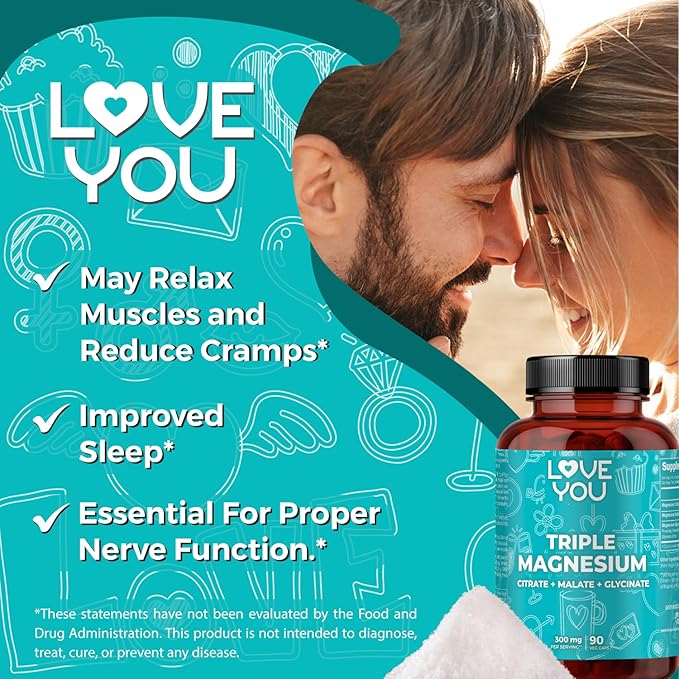 Love You Triple Magnesium for Women Magnesium Glycinate, Magnesium Citrate, and Magnesium Malate, 300 mg per Serving, 90 Veggie Capsules, 100% Vegan, All-Natural