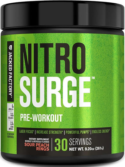 Jacked Factory NITROSURGE Pre Workout Supplement - Endless Energy, Instant Strength Gains, Clear Focus, Intense Pump - NO Booster & Preworkout Powder with Beta Alanine - 30 Servings, Sour Peach Rings