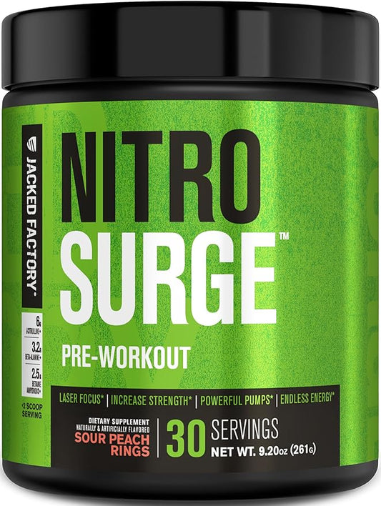 Jacked Factory NITROSURGE Pre Workout Supplement - Endless Energy, Instant Strength Gains, Clear Focus, Intense Pump - NO Booster & Preworkout Powder with Beta Alanine - 30 Servings, Sour Peach Rings