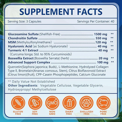 NATURE TARGET Glucosamine Chondroitin MSM, Joint Support Supplement, Shellfish Free, Turmeric Boswellia, Hyaluronic Acid, Collagen, Calium for Cartilage and Bone Health,120 Capsules, 40 Servings