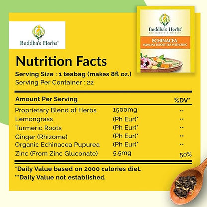 Buddha's Herbs Organic Echinacea Herbal Tea Supplement, Immune Support Supplement with Zinc, Turmeric, Ginger & Lemongrass (2 Pack, 44 Tea Bags)
