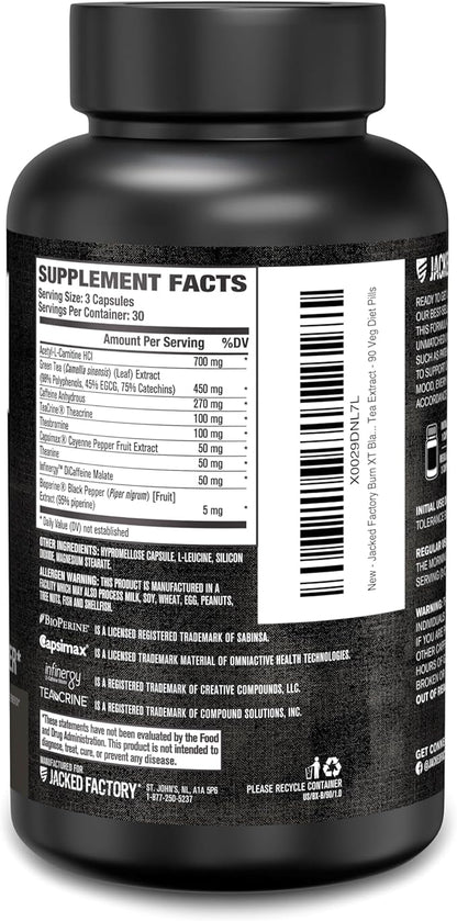 Jacked Factory Burn XT Black Thermogenic Fat Burner - Weight Loss Supplement, Appetite Suppressant, Nootropic Energy Booster | TeaCrine, Acetyl L-Carnitine, Green Tea Extract - 90 Veg Diet Pills