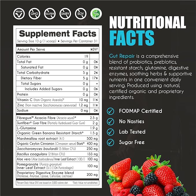 myBrainCo Gut Repair - Gut Health & Digestion Supplement for IBS, Bloating, Reflux & Leaky Gut - Low-FODMAP Certified with Probiotics, Prebiotic Fibre, Digestive Enzymes, Glutamine, Marshmallow (310g)