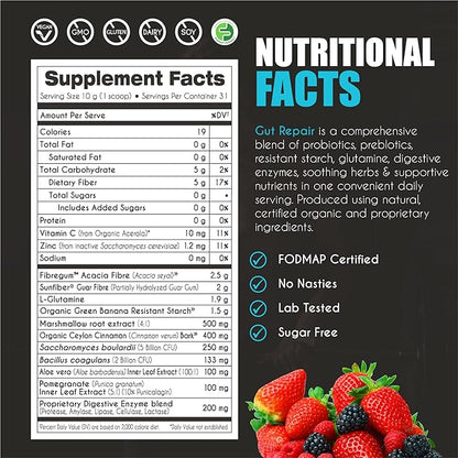myBrainCo Gut Repair - Gut Health & Digestion Supplement for IBS, Bloating, Reflux & Leaky Gut - Low-FODMAP Certified with Probiotics, Prebiotic Fibre, Digestive Enzymes, Glutamine, Marshmallow (310g)