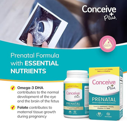Conceive Plus Prenatal Vitamins for Women Supplement - Multivitamin With Folic Acid for Pregnancy Vegan, Choline, Iron - Pre Natal Vitamins DHA, Non GMO - Maternity Vitamin for Brain & Eye 60 Capsules