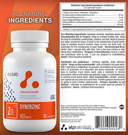 ATP LAB Synerzinc 90 caps - Vegan Zinc Supplement for Men and Women - Zinc Mineral Supplements - Healthy Skin - Zinc Vitamins for Adults