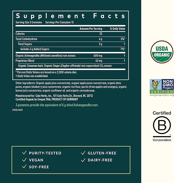 Gaia Herbs Organic Ashwagandha Gummies, Stress Support, Cinnamon, Ginger, Gluten Free, Vegan, 45 Count