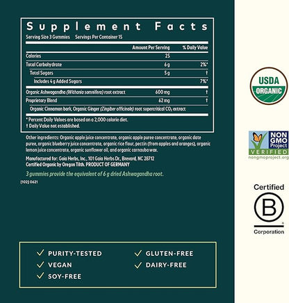 Gaia Herbs Organic Ashwagandha Gummies, Stress Support, Cinnamon, Ginger, Gluten Free, Vegan, 45 Count