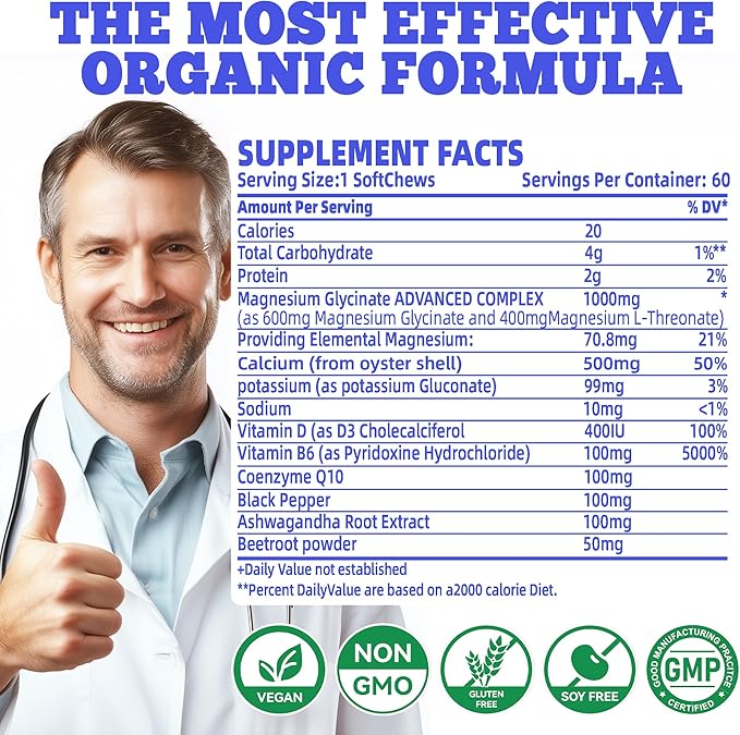 Magnesium Glycinate Soft Chews, Blueberry Flavor.Chewable Sugar Free Potassium Magnesium Chews with Magnesium Glycinate, Vitamin D, B6, and CoQ10 for Calm Support & Sleep for Adults, 60 Days Supply