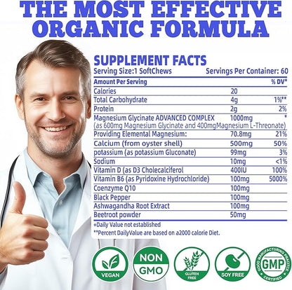 Magnesium Glycinate Soft Chews, Blueberry Flavor.Chewable Sugar Free Potassium Magnesium Chews with Magnesium Glycinate, Vitamin D, B6, and CoQ10 for Calm Support & Sleep for Adults, 60 Days Supply