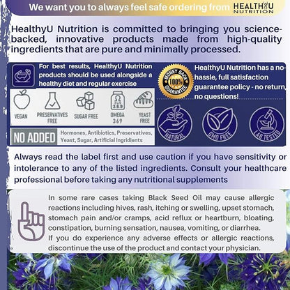 Premium Black Cumin Seed Oil Capsules - Virgin Cold Pressed Nigella Sativa Black Seed Oil Pills - Immune Support Supplement - Omega 3 6 9 Vitamin E Blackseed for Nails Hair Skin 1000 mg p/Serving