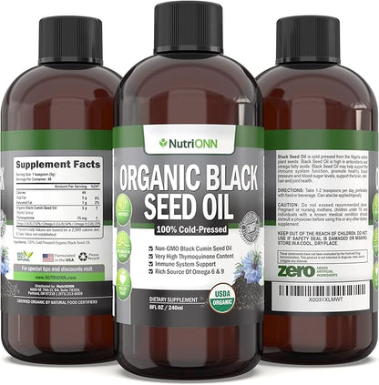 Organic Black Seed Oil - USDA Certified Organic Black Cumin Seed Oil Liquid – High Thymoquinone Content – Non-GMO and Cold-Pressed – Rich Source of Omega-6 & Omega-9 Fatty Acids - 8 Oz