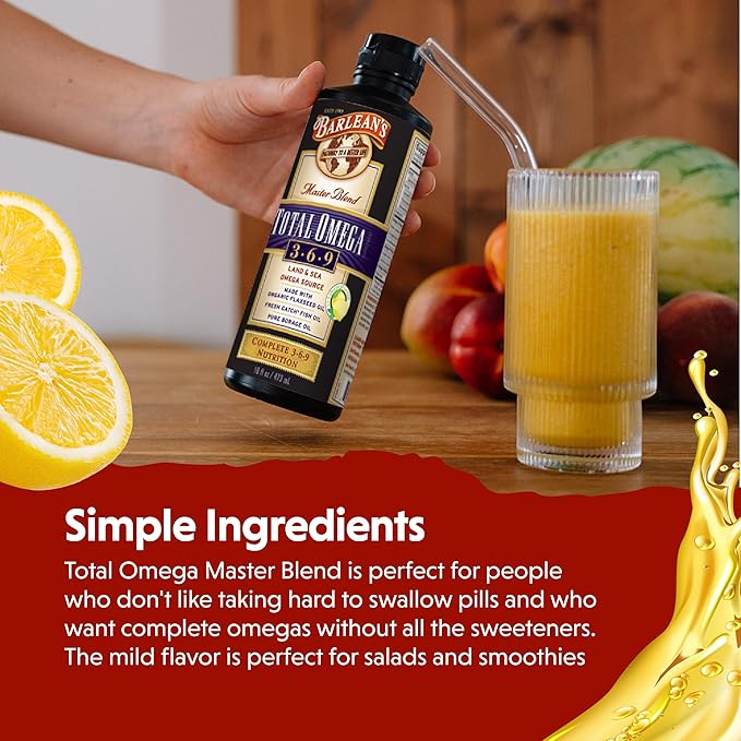 Barlean's Total Omega 3 6 9 Liquid Fish Oil Supplement with Borage and Flaxseed Oil 6,468 mg of Omegas EPA, DHA, ALA, and GLA for Joint and Heart Health, 16 oz