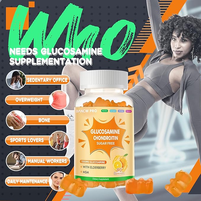 Glucosamine Chondroitin Gummies with MSM & Elderberry Extra Strength - Joint Support, Antioxidant Immune Support Supplement for Adults, Men & Women.90 Orange Gummies