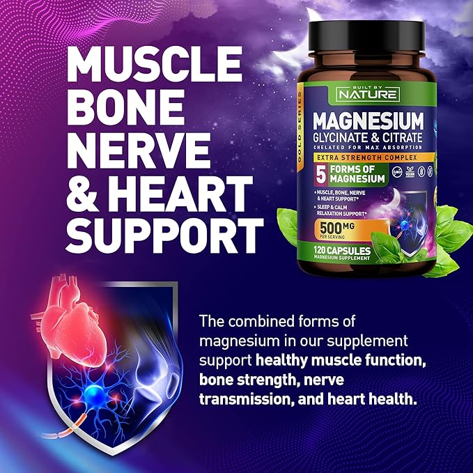 Magnesium Complex 500mg - 5 Forms of Magnesium Glycinate, Citrate, Malate, Oxide & Aquamin with 72 Trace Minerals - Chelated for Absorption - Supplement for Muscle, Nerve, Heart & Sleep (120 Capsules)
