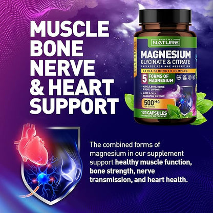 Magnesium Complex 500mg - 5 Forms of Magnesium Glycinate, Citrate, Malate, Oxide & Aquamin with 72 Trace Minerals - Chelated for Absorption - Supplement for Muscle, Nerve, Heart & Sleep (120 Capsules)