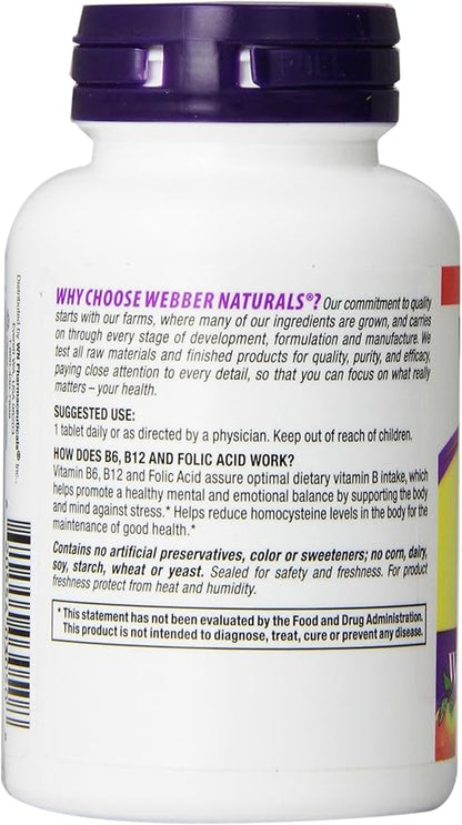Webber Naturals Vitamin B6, B12 and Folic Acid Tablets, 90 Count