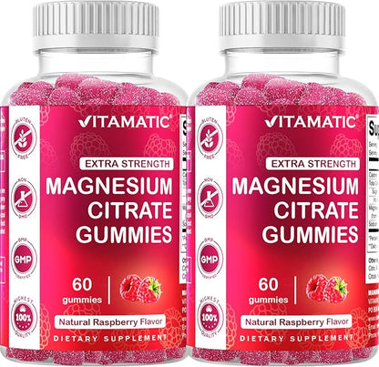 Vitamatic Extra Strength Magnesium Gummies – 255 mg Elemental Magnesium per Serving – 60 Gummies (2-Pack) Supports Relaxation, Muscle Function, Bone Health & Energy – Vegan, Non-GMO, Gluten-Free