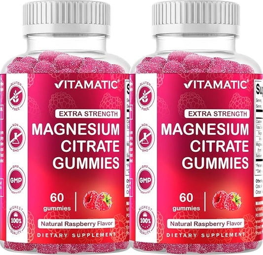 Vitamatic Extra Strength Magnesium Gummies – 255 mg Elemental Magnesium per Serving – 60 Gummies (2-Pack) Supports Relaxation, Muscle Function, Bone Health & Energy – Vegan, Non-GMO, Gluten-Free