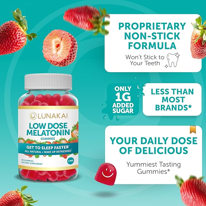Lunakai Kids Melatonin and Melatonin 1mg Gummies - Tastiest Proprietary Formula - Low Dose Gummy with Sleep Aid Vitamins - Chewable Natural Vegan Supplement for Sleeping - 60 Day Supply