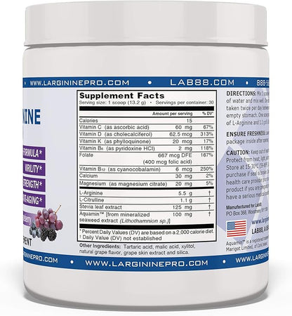 L-ARGININE PRO | 5,500mg L-Arginine Plus L-Citrulline 1,100mg Grape Powder Drink Mix Supplement for Increased Nitric Oxide Production
