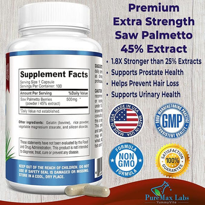 Extra Strength Saw Palmetto - 45% Extract Prostate Supplement, Decrease Frequent Urination, DHT Blocker for Hair Growth, Non-GMO, 100 Capsules
