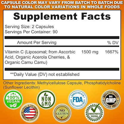 Liposomal Vitamin C Capsules - 1500mg - Made with Organic Acerola Cherries & Camu Camu, High Potency Vitamin C Liposomal - Immune Support Supplement, Enhanced Absorption & Bioavailability - 180 count