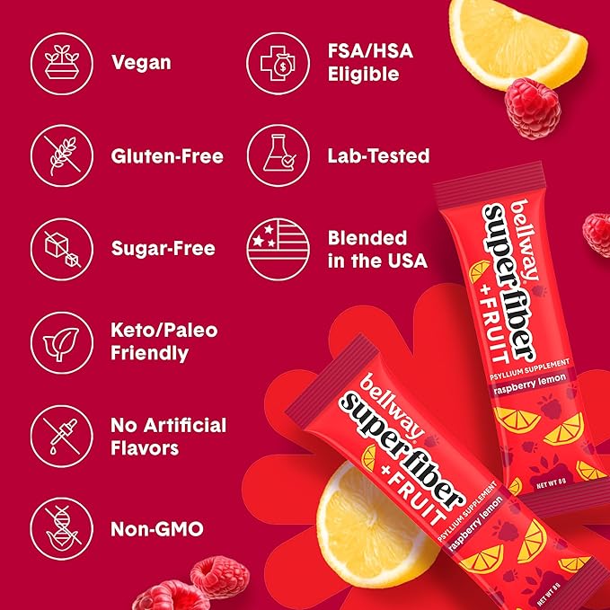 Bellway Super Fiber Packets + Fruit, Sugar Free Organic Psyllium Husk Powder Fiber Supplement to Go for Regularity, Bloating Relief & Gut Health, Non-GMO, Plant-Based, Raspberry Lemon (16 Packets)