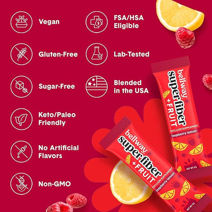 Bellway Super Fiber Packets + Fruit, Sugar Free Organic Psyllium Husk Powder Fiber Supplement to Go for Regularity, Bloating Relief & Gut Health, Non-GMO, Plant-Based, Raspberry Lemon (16 Packets)