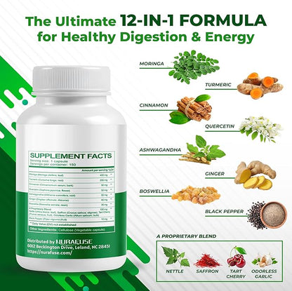 Moringa 12-in-1 Supplement with Turmeric Cinnamon Quercetin Ashwagandha Ginger Boswellia Nettle Saffron Tart Cherry Garlic - Made in The USA