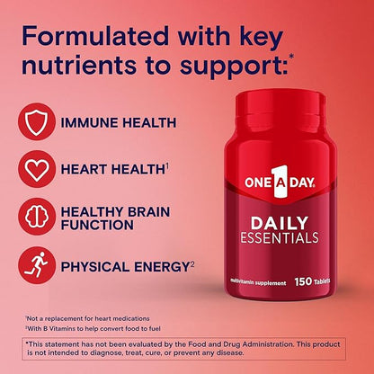 One A Day Daily Essentials, Multivitamin for Women & Men, Supports Healthy Brain and Muscle Function and Immune Health, Adult Multivitamin with Vitamin D, E and Vitamin B12, 150 Count