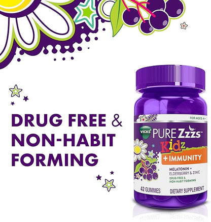 VICKS PURE Zzzs Kidz + Immunity, Kids Melatonin Gummy, Sleep Aid, Low Dose Melatonin for Kids, Zinc for Immune Support, Melatonin 1 mg, Melatonin Gummies Kids, Berry Flavor, 60 Sleep Gummies