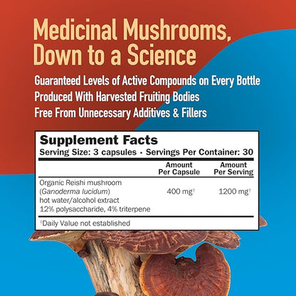 Reishi Mushroom Capsules, Super Strength Full Spectrum Extract, Natural Mushroom Supplement for Adults, Hot Water Extracted Mushrooms, Health Support, Vegetarian, 400MG, 90 CT