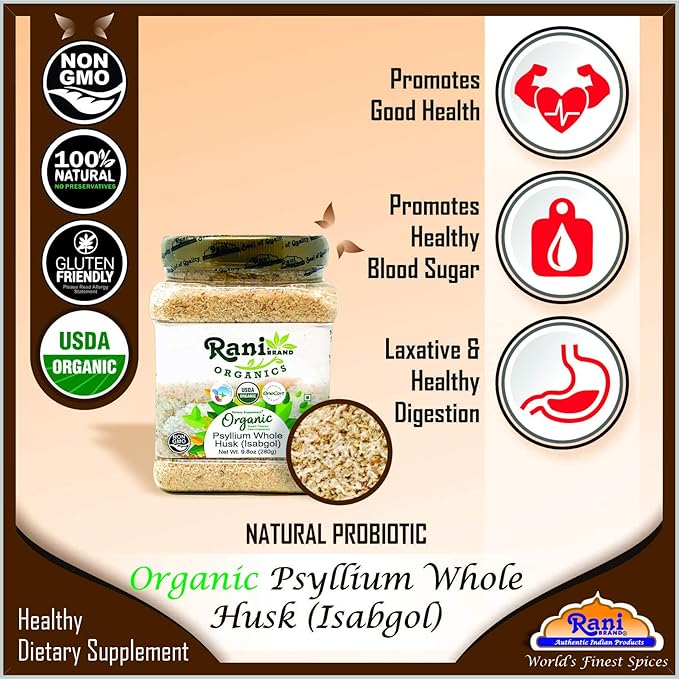 Rani Organics Psyllium Whole Husk Powder (Isabgol), Dietary Fiber Supplement, USDA Organic 9.8oz (280g) PET Jar ~ All Natural | Vegan | Gluten Friendly | Non-GMO | Indian Origin