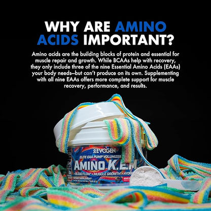 Evogen Amino K.E.M. - EAA & BCAA Powder Pump Volumizer | BCAAs Amino Acids Supplement for Blood Flow, Muscle Growth, & Hydration | Sour Candy | 30 Servings