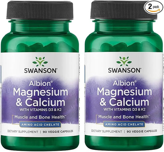 Swanson Albion Chelated Magnesium & Calcium 2:1 90 Veg Capsules (2 Pack)