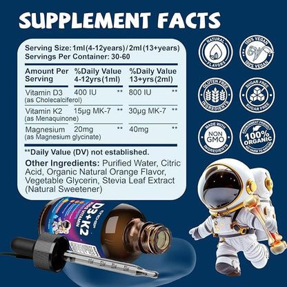 Vitamin D3 K2 Drops for Kids - Liquid Supplement with Magnesium for Calcium Absorption, Joint Health, Teeth & Heart - Non-GMO, Vegan, Orange, 2 Fl Oz - Kids Ages 4+