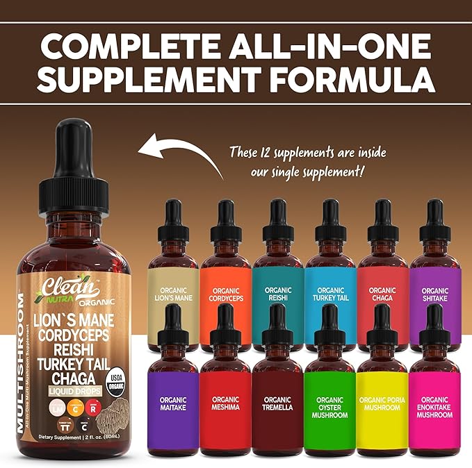 Organic Mushroom Supplement Liquid Drops with Lions Mane Turkey Tail Cordyceps Reishi Chaga Shitake Maitake Tremella Oyster Mushrooms Poria and Enokitake Mushrooms Complex Blend by Clean Nutra
