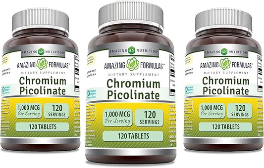 Amazing Formulas Chromium Picolinate | 1000 Mcg Tablets Supplement | Non-GMO | Gluten Free | Made in USA (3 Pack, 120 Count)