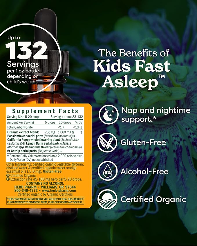 Kids Fast Asleep – Tasty, Organic, Alcohol-Free Kids Sleep Support Herbal Extract With Lemon Balm, California Poppy & Passionflower, Soothes Nap & Nighttime Transitions, Vegan, 1 Oz