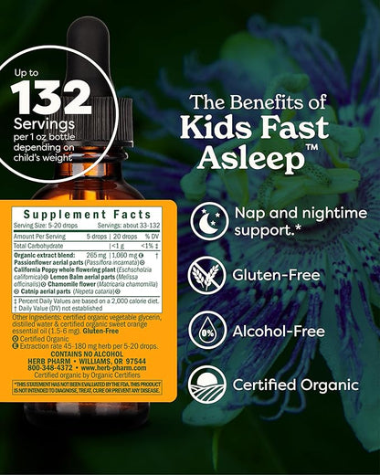 Kids Fast Asleep – Tasty, Organic, Alcohol-Free Kids Sleep Support Herbal Extract With Lemon Balm, California Poppy & Passionflower, Soothes Nap & Nighttime Transitions, Vegan, 1 Oz