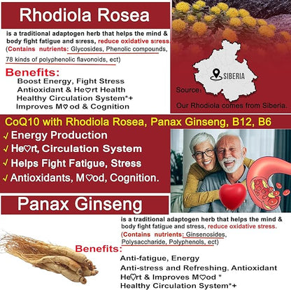 Sugar Free CoQ10-200mg 400mg Filled Gummies - 2 Months Supply - w/ Vitamin B12 1000mcg, Rhodiola Rosea & Panax Ginseng, B6, Coenzyme Q10 Supplement for Hear-t, Energy, Antioxidant, Ultra Absorption
