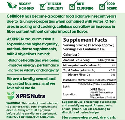 XPRS Nutra Microcrystalline Cellulose Powder - Odorless Cellulose Fiber Powder - 100% Pure Powdered Cellulose Supplement is an Insoluble Fiber for Pill Binder Mix and Cellulose Paste (9 Ounces)