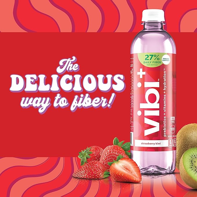 Vibi+ Strawberry Kiwi Prebiotic Water - Digestive Health Support - Sugar Free High Fiber Flavored Drink - Keto, Vegan, Healthy, Low Carb - 16.9 fl oz - Pack of 12