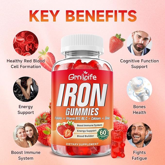 Iron Gummies for Women, Men & Kids, Sugar Free Iron Supplement with Calcium, Zinc, Folate & Vitamin B12, C, B6 - for Blood Building & Energy Support, Anemia, Strawberry, 120 Count